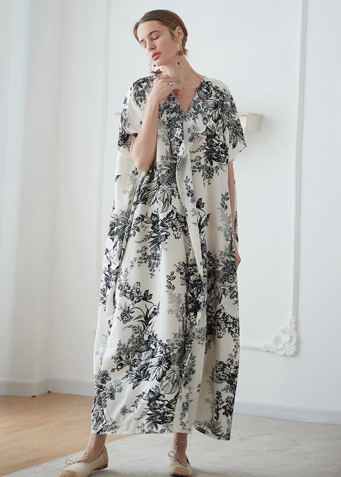 Classy Apricot V Neck Print Patchwork Cotton Robe Dresses Summer - Image 2