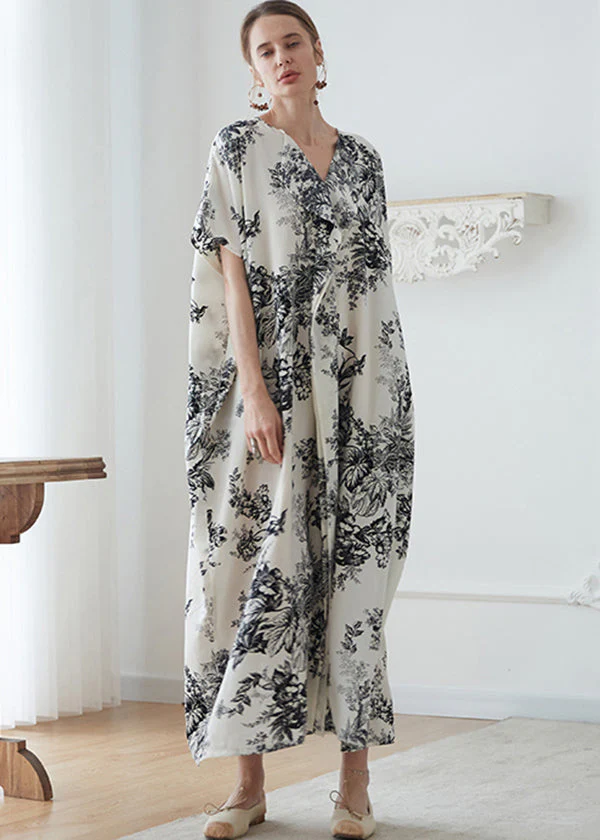 Classy Apricot V Neck Print Patchwork Cotton Robe Dresses Summer - Image 3
