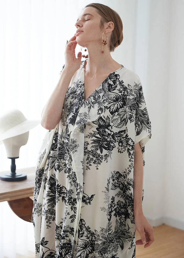 Classy Apricot V Neck Print Patchwork Cotton Robe Dresses Summer - Image 4