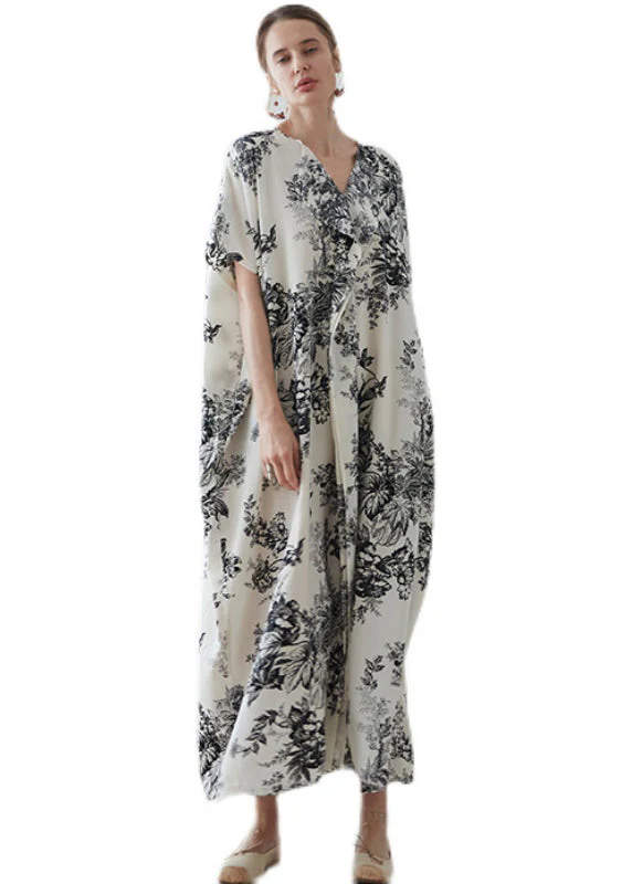 Classy Apricot V Neck Print Patchwork Cotton Robe Dresses Summer - Image 5