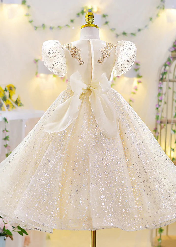 Classy Apricot V Neck Sequins Tulle Girls Maxi Gowns Dresses Short Sleeve - Image 2