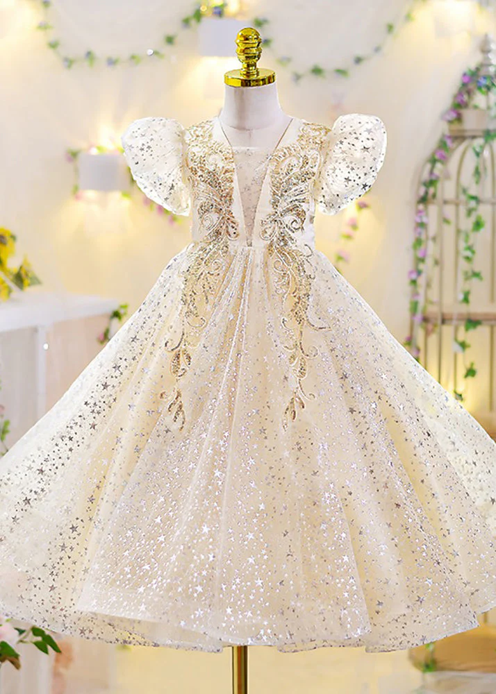 Classy Apricot V Neck Sequins Tulle Girls Maxi Gowns Dresses Short Sleeve - Image 3