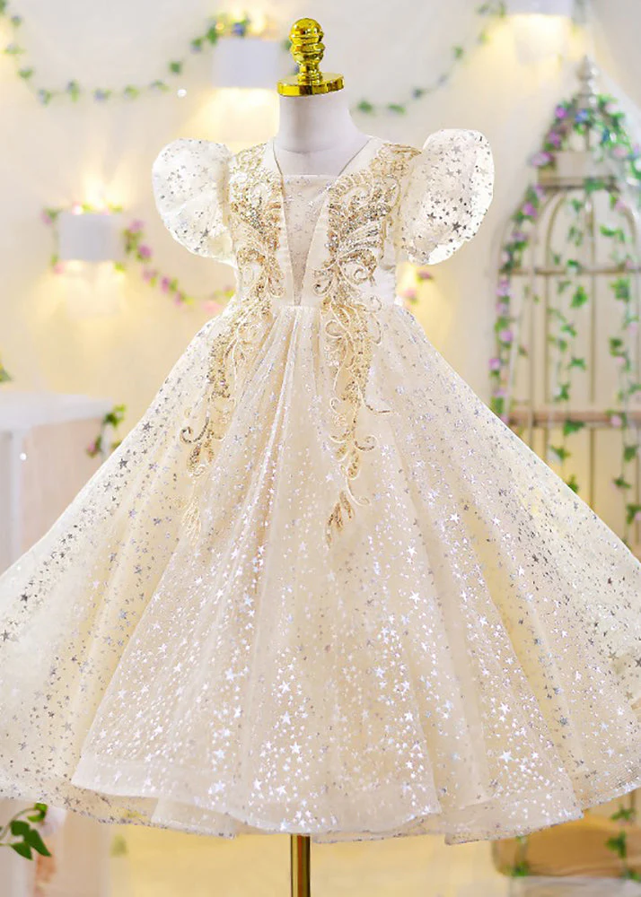Classy Apricot V Neck Sequins Tulle Girls Maxi Gowns Dresses Short Sleeve - Image 4