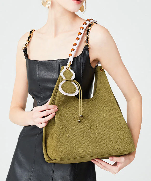 Classy Army Green Jacquard Tasseled Cotton Women Shoulder Bags - Image 3