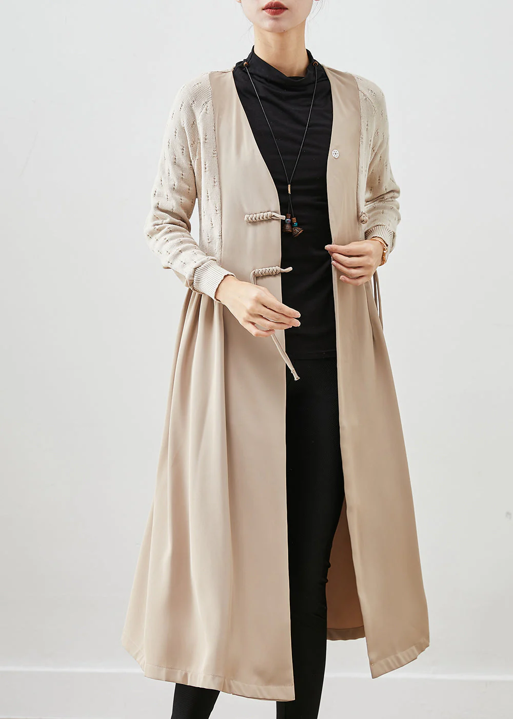 Classy Beige Chinese Button Knit Patchwork Cotton Long Dress Fall - Image 2