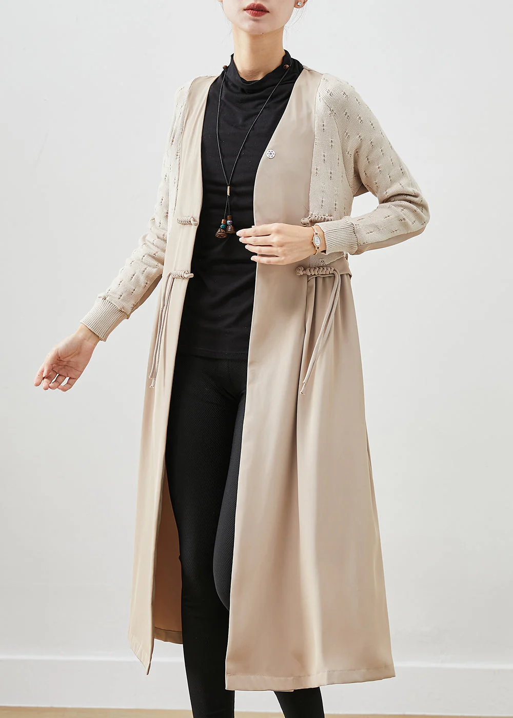 Classy Beige Chinese Button Knit Patchwork Cotton Long Dress Fall - Image 3