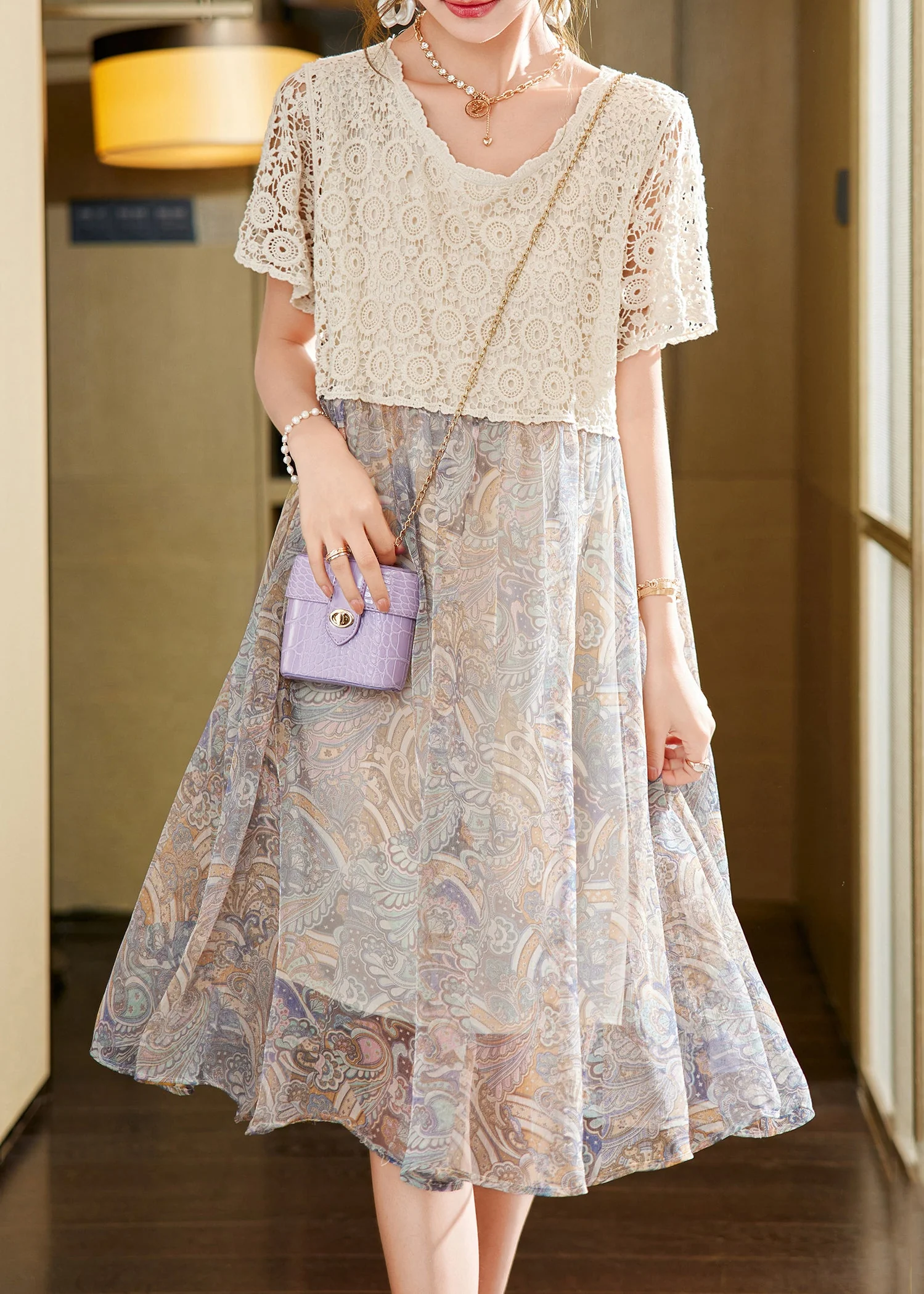 Classy Beige Hollow Out Lace Chiffon Patchwork Dress Summer - Image 2