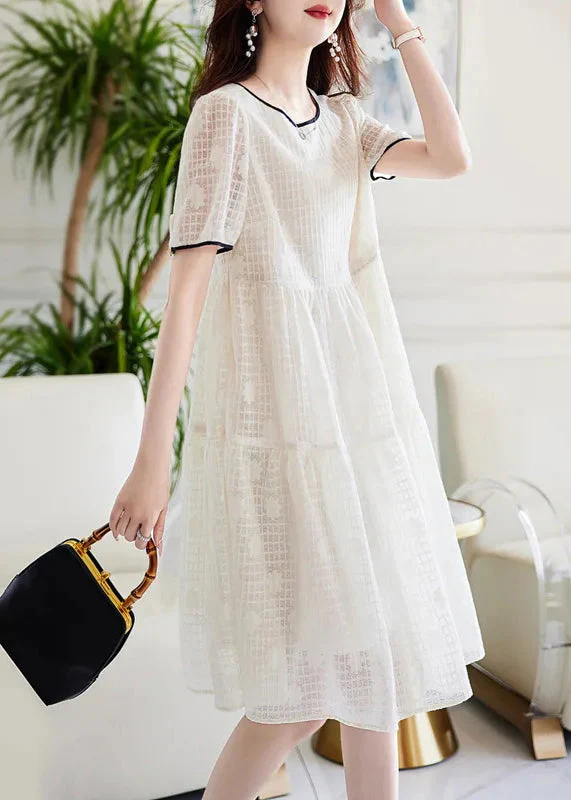 Classy Beige O Neck Plaid Patchwork Chiffon Dress Summer - Image 2