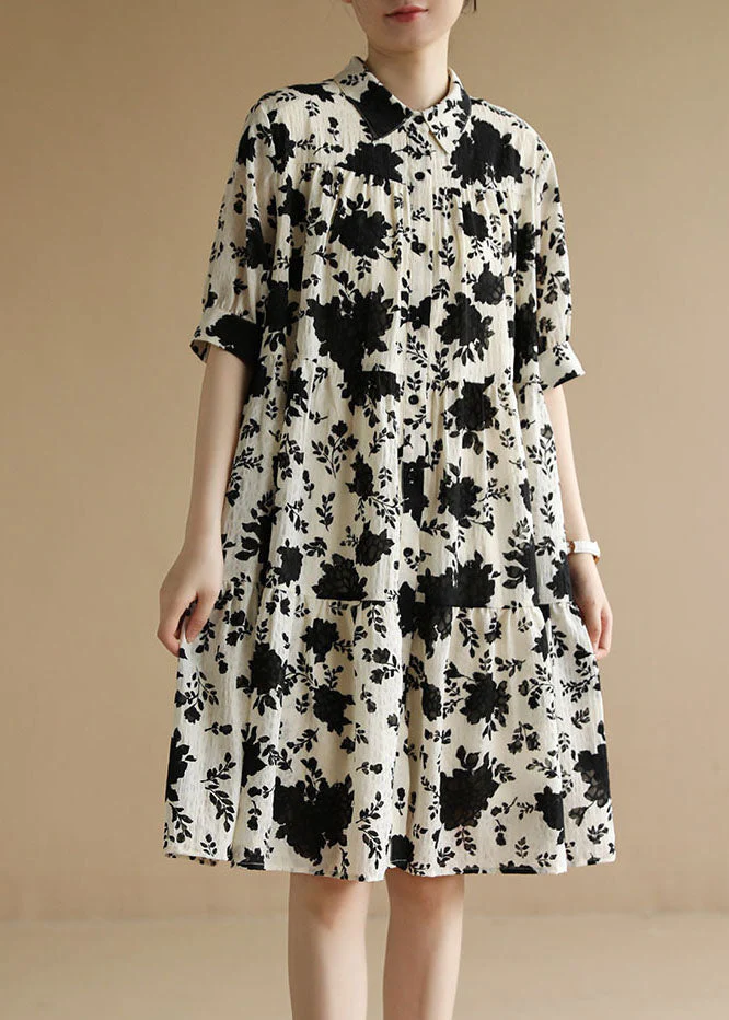 Classy Beige Peter Pan Collar Wrinkled Black Floral Party Dress Short Sleeve - Image 2