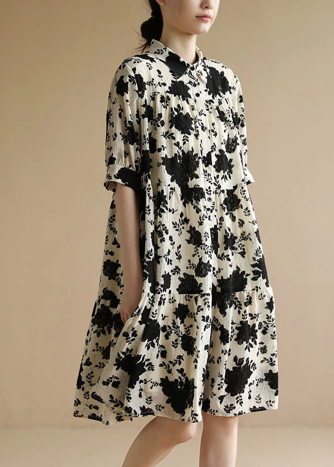 Classy Beige Peter Pan Collar Wrinkled Black Floral Party Dress Short Sleeve - Image 3