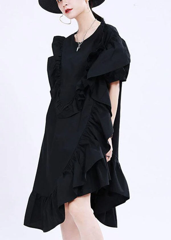 Classy Black Asymmetrical Design Ruffled Patchwork Summer Dress - Image 4