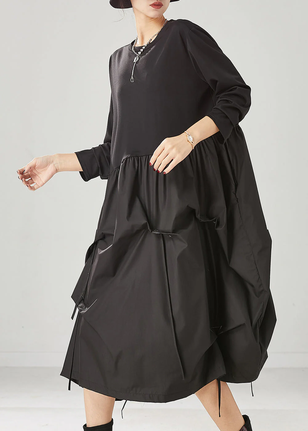 Classy Black Asymmetrical Patchwork Wrinkled Cotton Robe Dresses Spring - Image 3