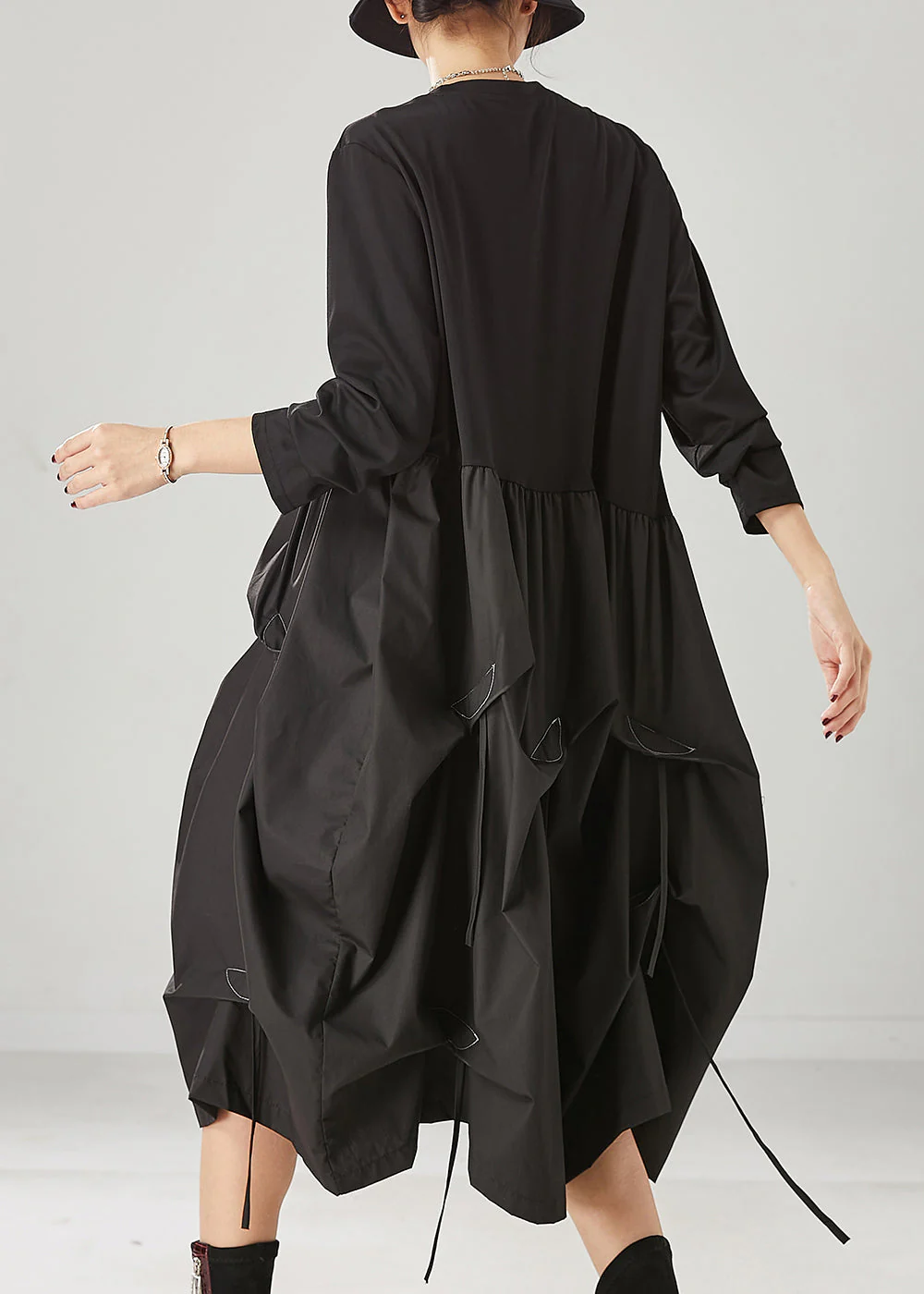 Classy Black Asymmetrical Patchwork Wrinkled Cotton Robe Dresses Spring - Image 4