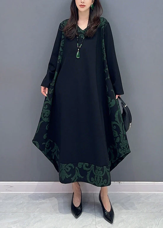 Classy Black Asymmetrical Print Patchwork Cotton Dresses Long Sleeve