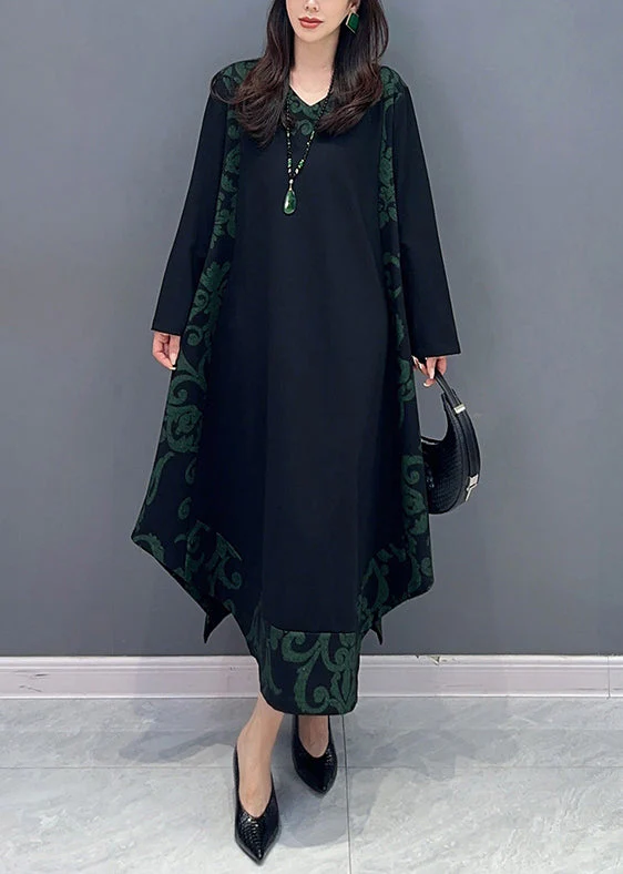 Classy Black Asymmetrical Print Patchwork Cotton Dresses Long Sleeve - Image 2