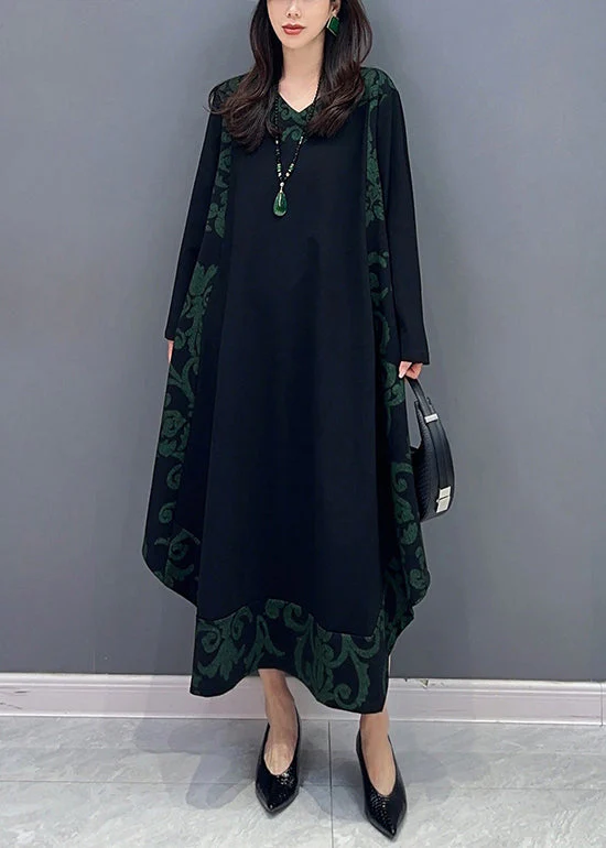 Classy Black Asymmetrical Print Patchwork Cotton Dresses Long Sleeve - Image 3