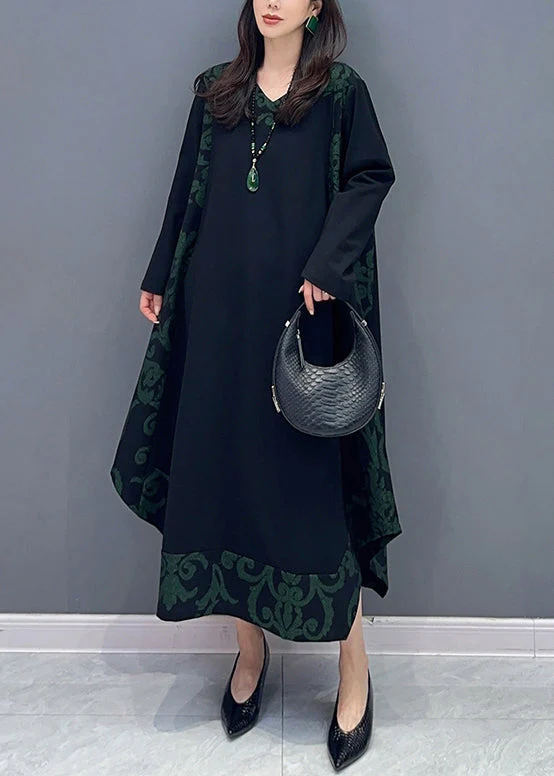 Classy Black Asymmetrical Print Patchwork Cotton Dresses Long Sleeve - Image 4