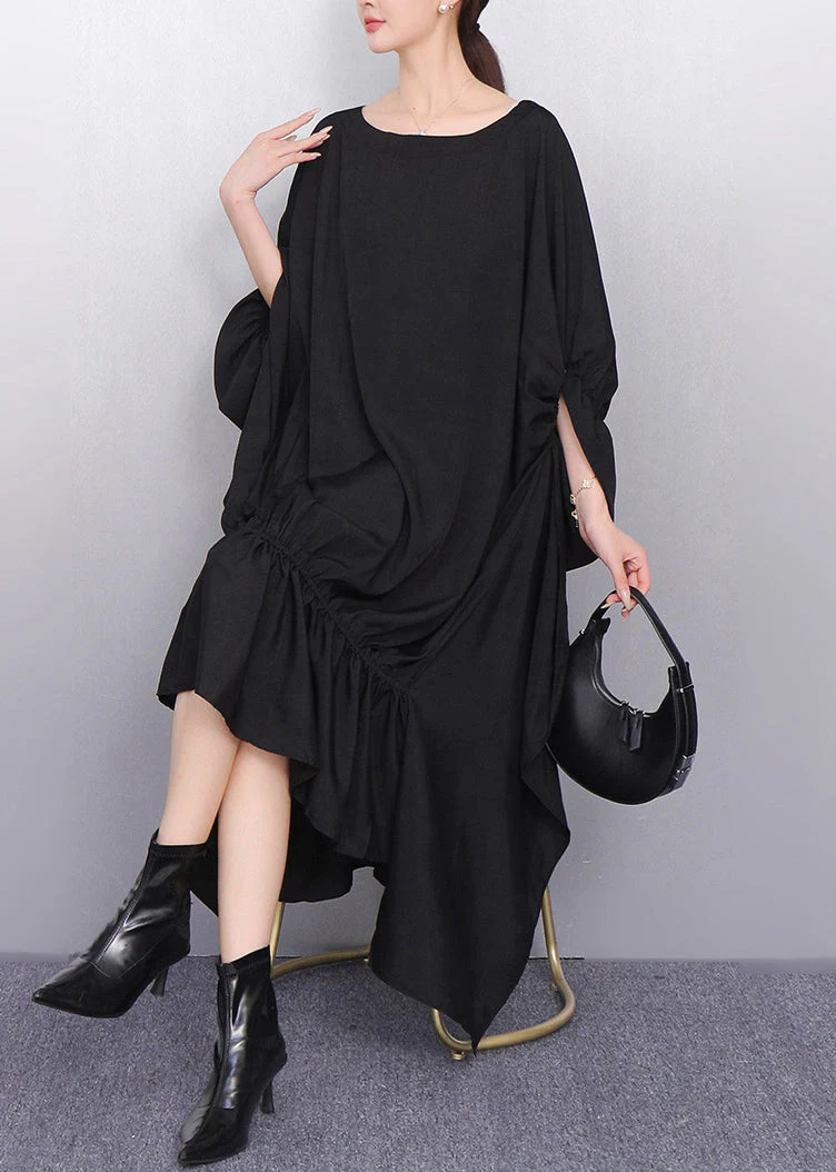 Classy Black Asymmetrical Wrinkled Cotton Party Dress Batwing Sleeve - Image 2