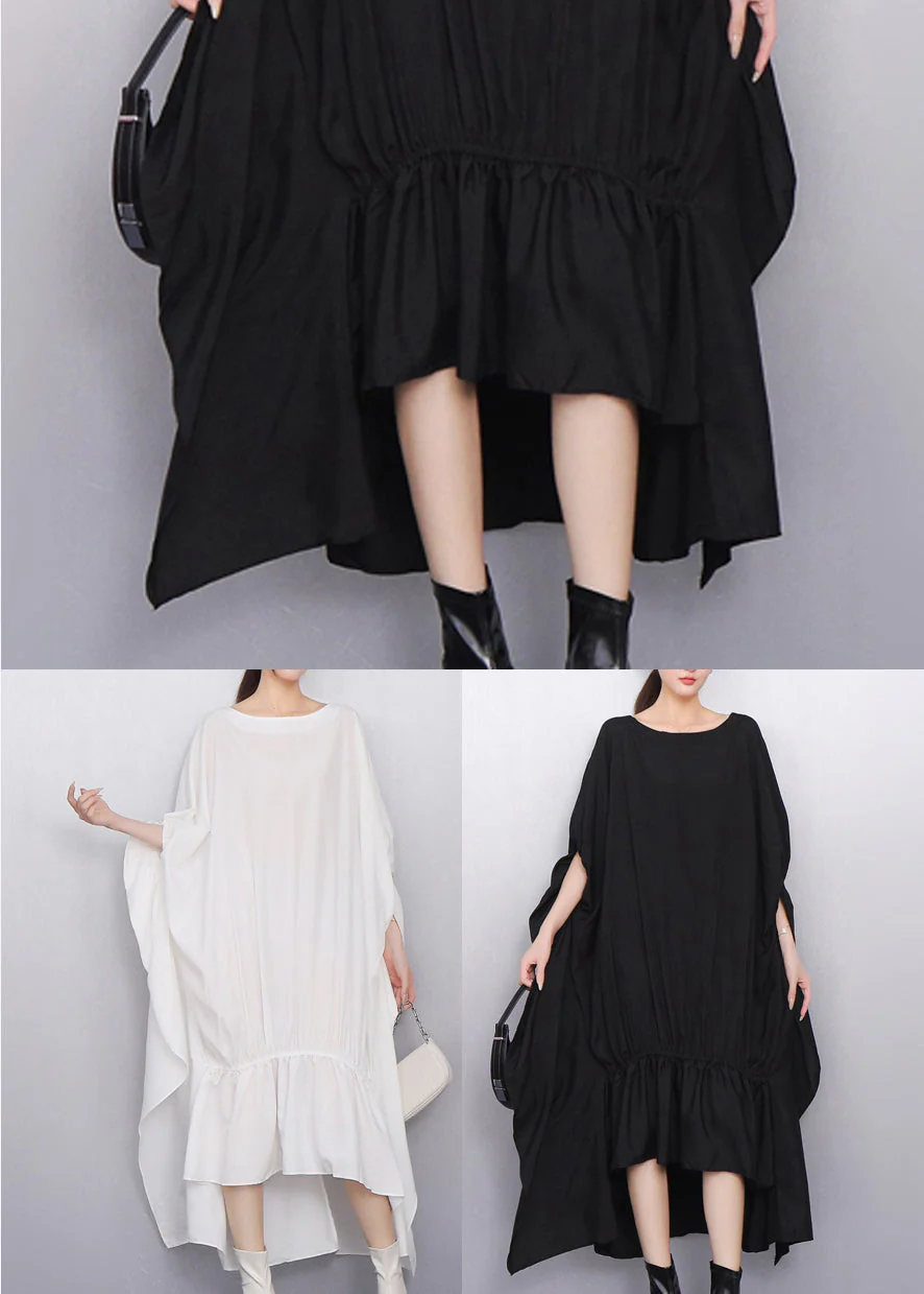 Classy Black Asymmetrical Wrinkled Cotton Party Dress Batwing Sleeve - Image 5
