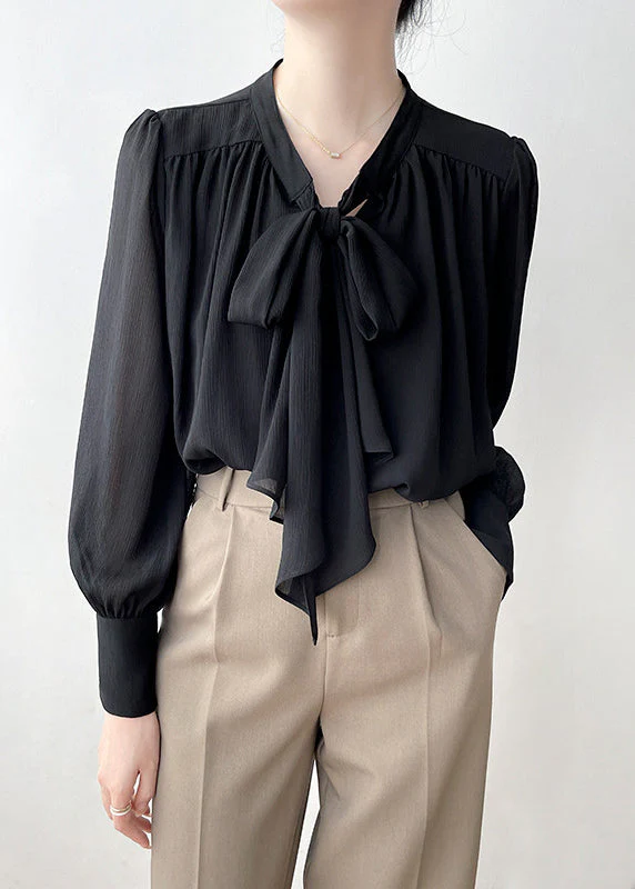 Classy Black Bow Draping Chiffon Shirt Tops Spring