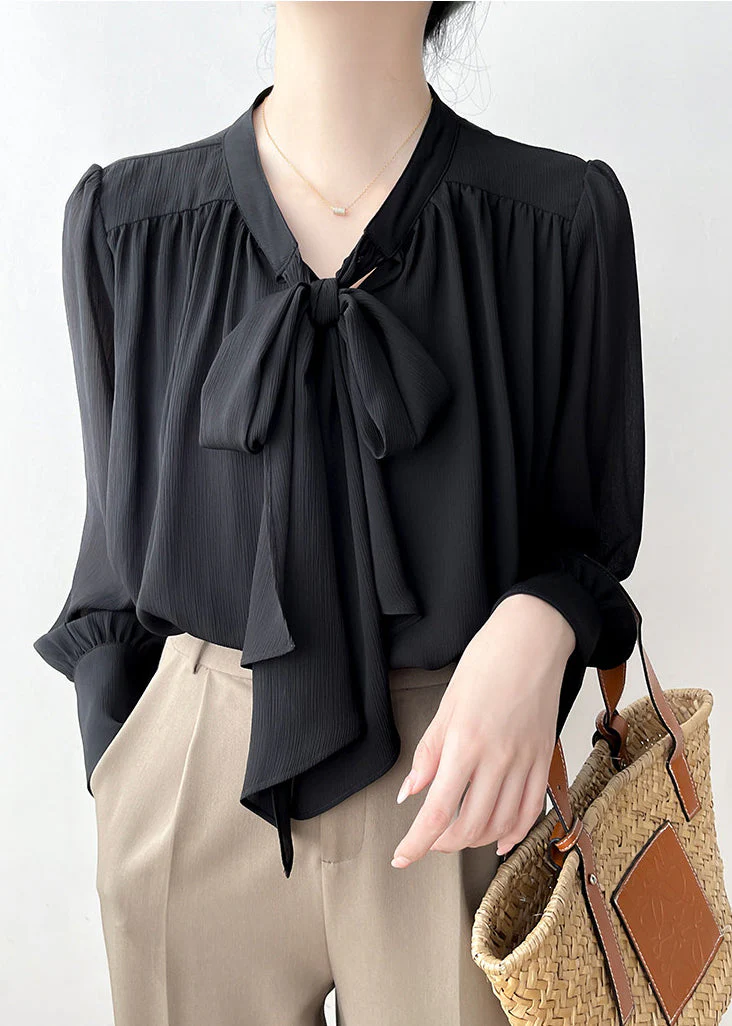 Classy Black Bow Draping Chiffon Shirt Tops Spring - Image 2
