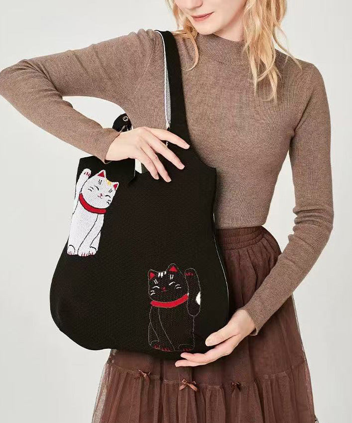 Classy Black Cat Embroidered Solid Durable Cotton Shoulder Bags - Image 2