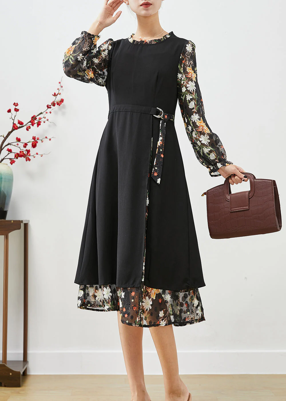 Classy Black Cinched Patchwork Silk Fake Two Piece Dress Fall - Image 2