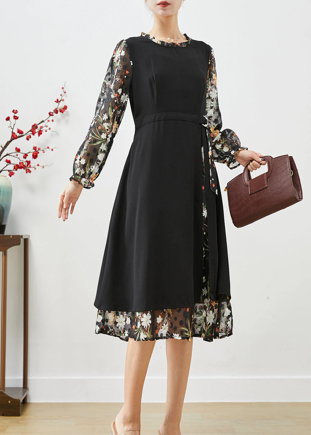 Classy Black Cinched Patchwork Silk Fake Two Piece Dress Fall - Image 3