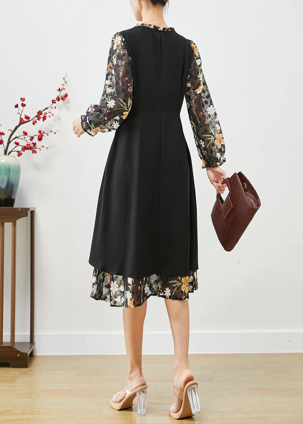 Classy Black Cinched Patchwork Silk Fake Two Piece Dress Fall - Image 4