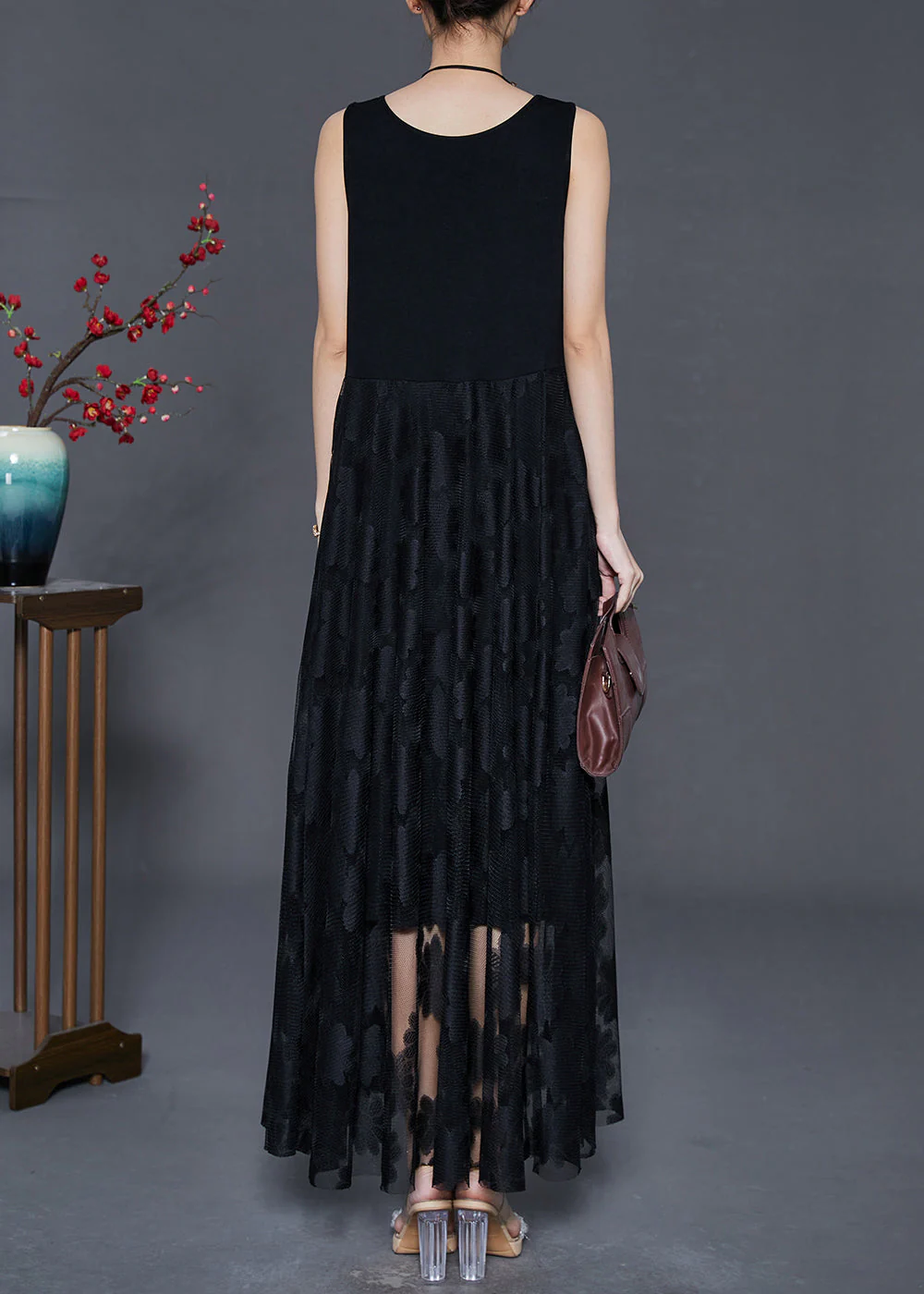 Classy Black Embroidered Lace Long Dress Sleeveless - Image 4