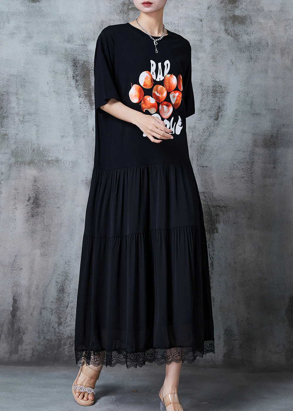 Classy Black Exra Large Hem Patchwork Lace Cotton Dresses Summer - Image 3