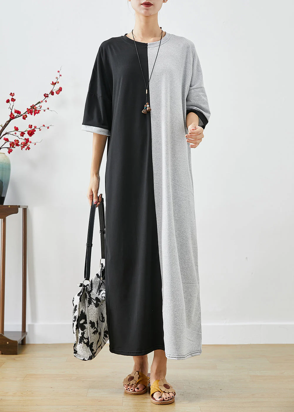 Classy Black Grey Oversized Patchwork Cotton Dresses Half Sleeve - Image 2