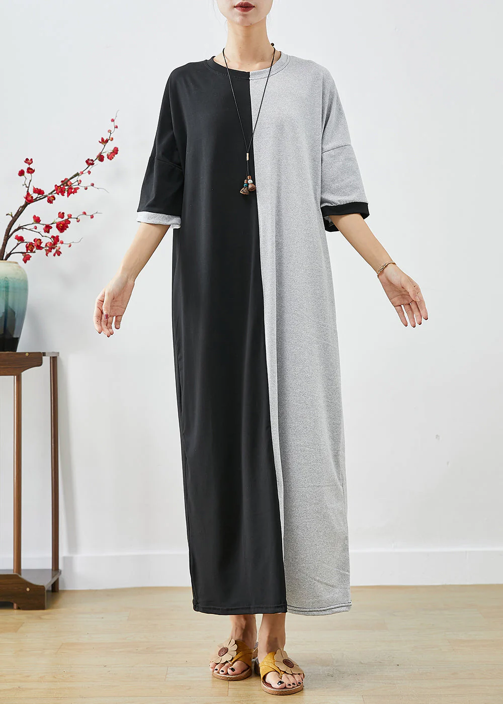 Classy Black Grey Oversized Patchwork Cotton Dresses Half Sleeve - Image 3