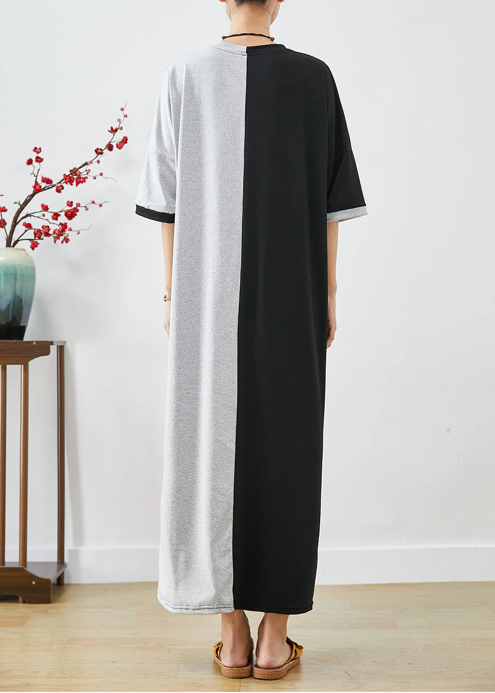Classy Black Grey Oversized Patchwork Cotton Dresses Half Sleeve - Image 4
