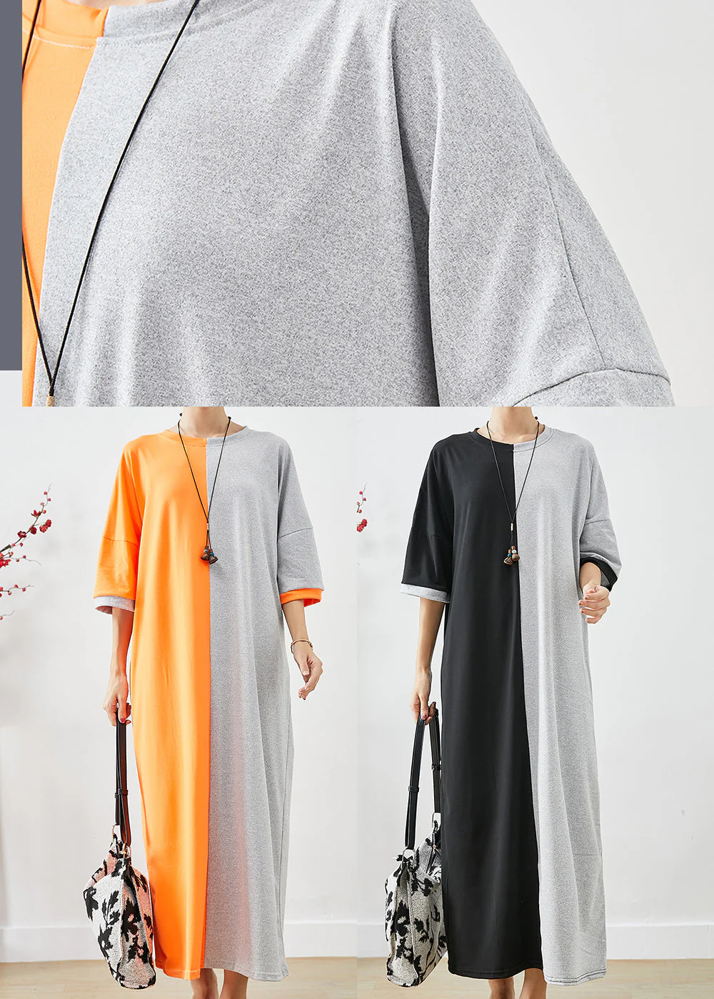 Classy Black Grey Oversized Patchwork Cotton Dresses Half Sleeve - Image 5