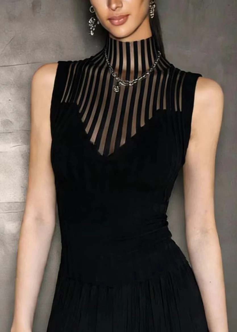 Classy Black Hign Neck Hollow Out Spandex Top Sleeveless - Image 2