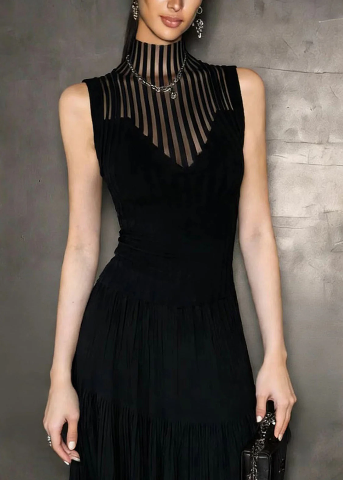 Classy Black Hign Neck Hollow Out Spandex Top Sleeveless - Image 3