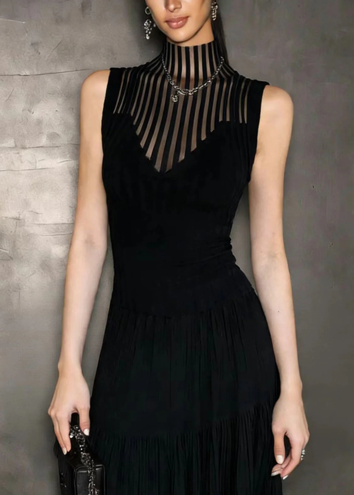 Classy Black Hign Neck Hollow Out Spandex Top Sleeveless - Image 5