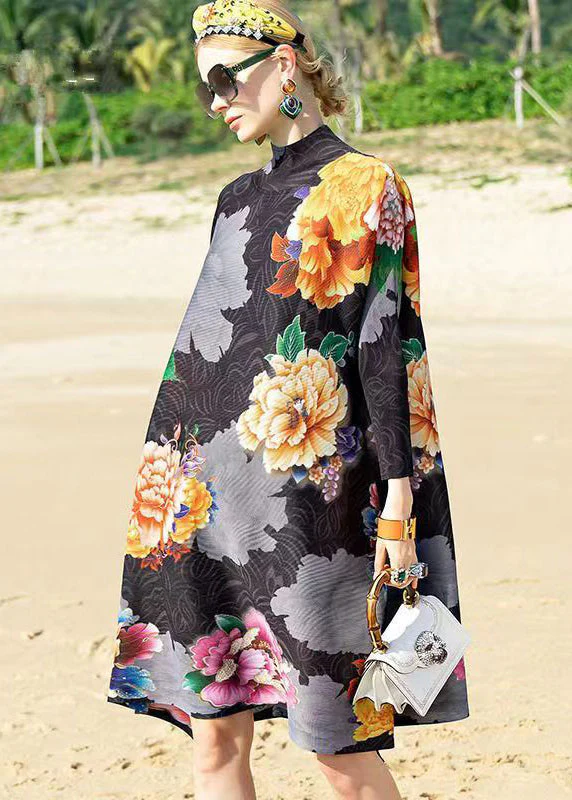 Classy Black Hign Neck Print Patchwork Cotton A Line Dress Fall - Image 3