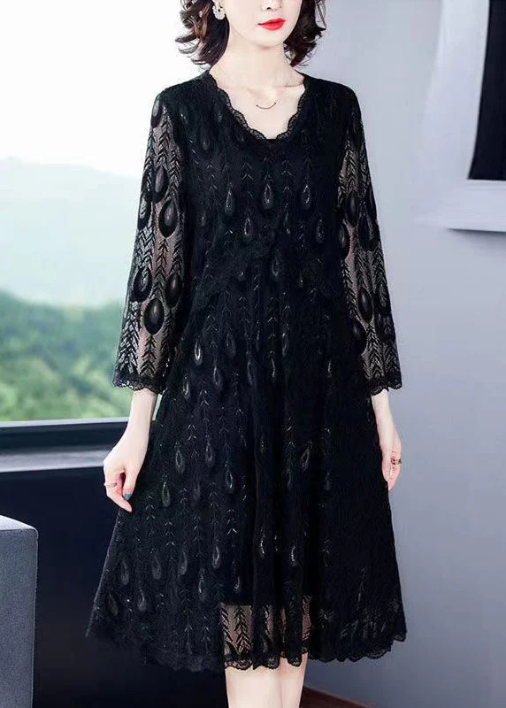 Classy Black Hollow Out Patchwork Lace Dress Bracelet Sleeve - Image 2