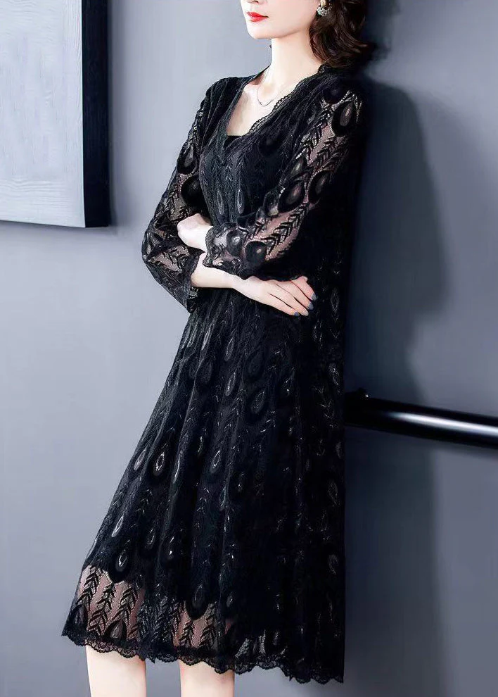 Classy Black Hollow Out Patchwork Lace Dress Bracelet Sleeve - Image 4