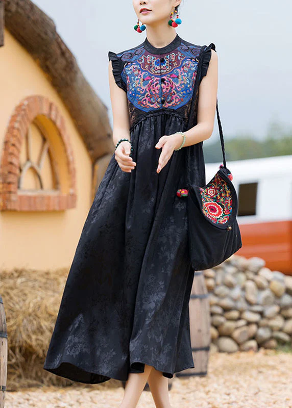 Classy Black O-Neck Embroideried Floral Wrinkled Button Dress Sleeveless - Image 3