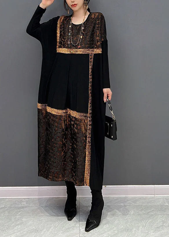 Classy Black O-Neck Oversized Patchwork Cotton Long Dress Spring - Image 2