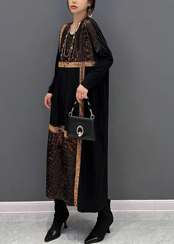 Classy Black O-Neck Oversized Patchwork Cotton Long Dress Spring - Image 3