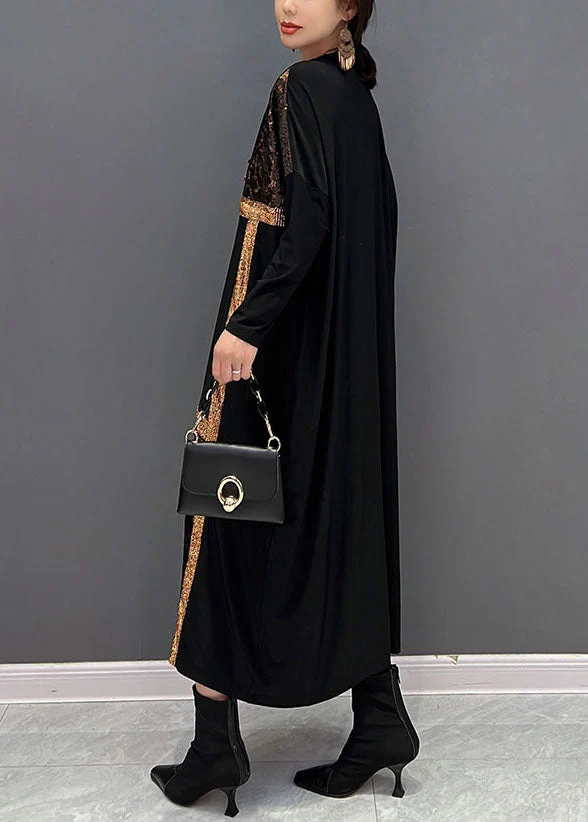 Classy Black O-Neck Oversized Patchwork Cotton Long Dress Spring - Image 4