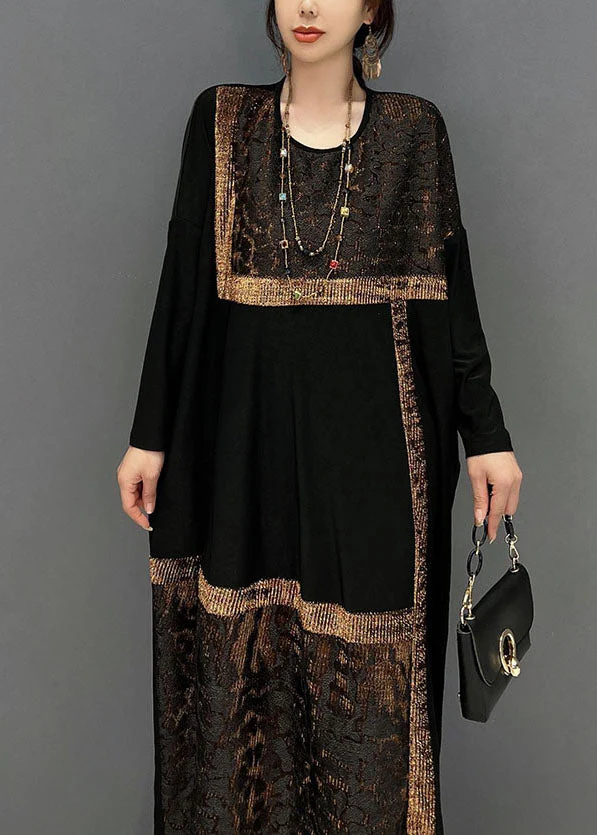 Classy Black O-Neck Oversized Patchwork Cotton Long Dress Spring - Image 5