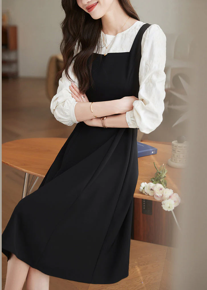 Classy Black O Neck Patchwork False Two Pieces Dresses Fall - Image 2