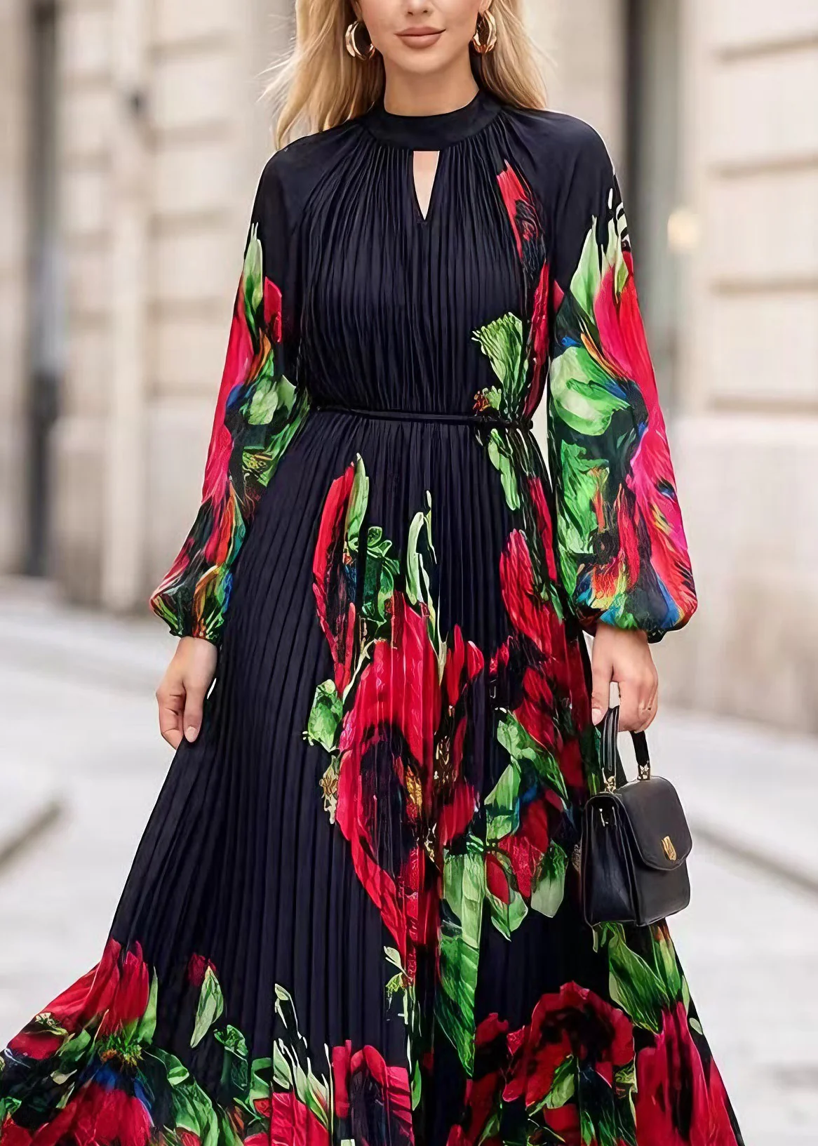 Classy Black O Neck Print Chiffon Exra Large Hem Dress Spring - Image 2