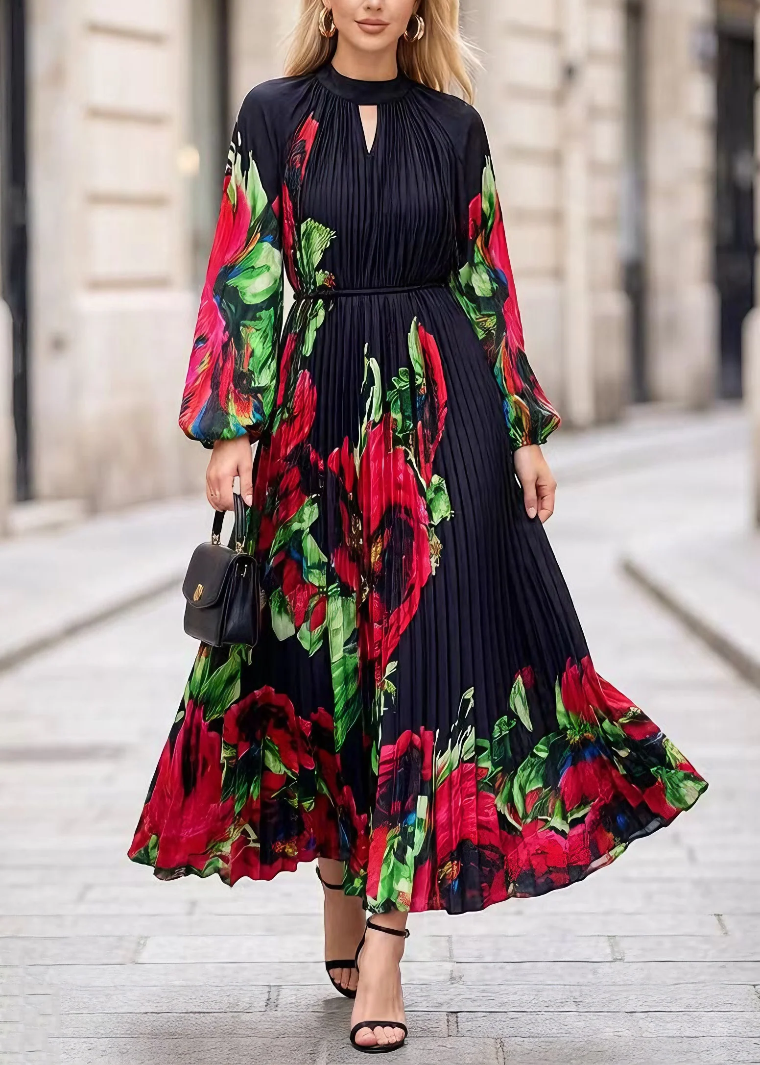 Classy Black O Neck Print Chiffon Exra Large Hem Dress Spring - Image 3