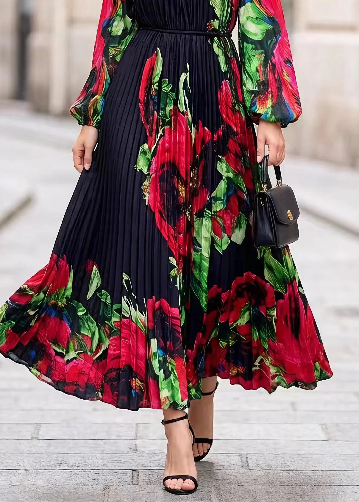 Classy Black O Neck Print Chiffon Exra Large Hem Dress Spring - Image 4